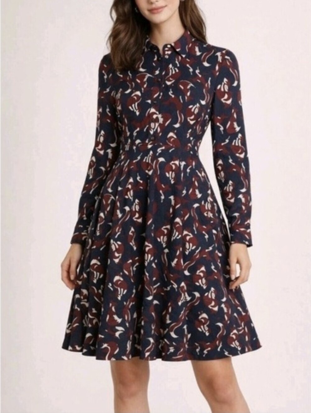 Kate Spade New York So Foxy Foxes Navy & Burgundy Smocked Long Sleeve Dress 4